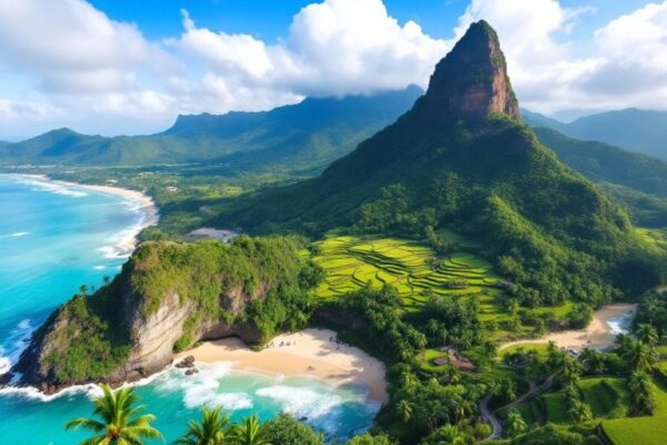 Pemandangan alam Bali dengan pantai tersembunyi dan sawah hijau.