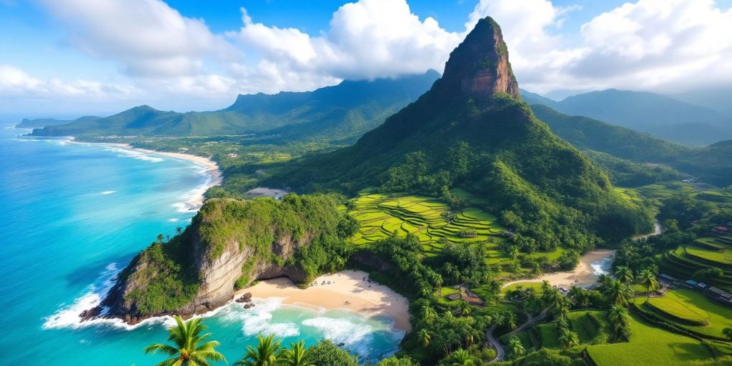 Pemandangan alam Bali dengan pantai tersembunyi dan sawah hijau.