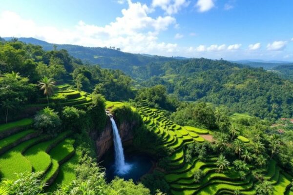 Pemandangan alam tersembunyi di Bali dengan sawah hijau.