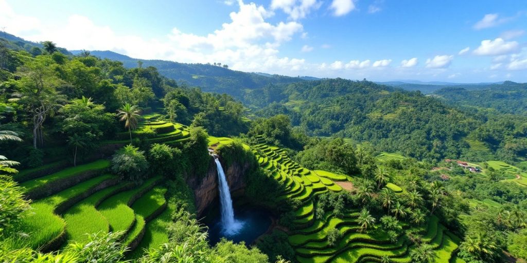 Pemandangan alam tersembunyi di Bali dengan sawah hijau.