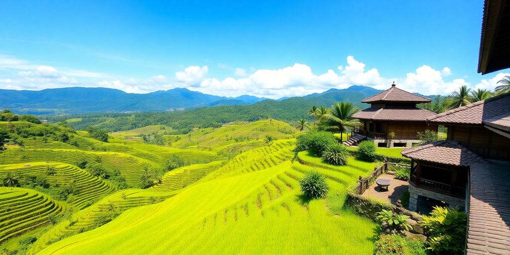 Pemandangan alam Bali dengan sawah hijau dan langit biru.