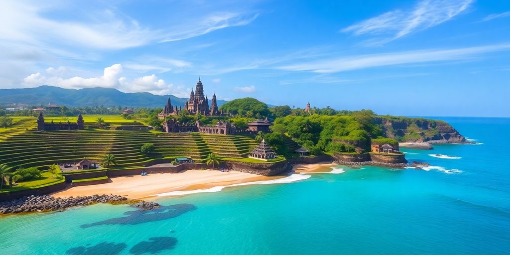 Pemandangan indah Bali dengan sawah dan pantai.