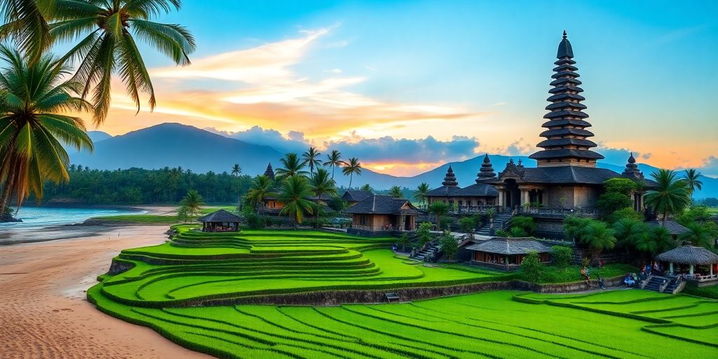 Pantai dan sawah hijau di Bali yang indah.