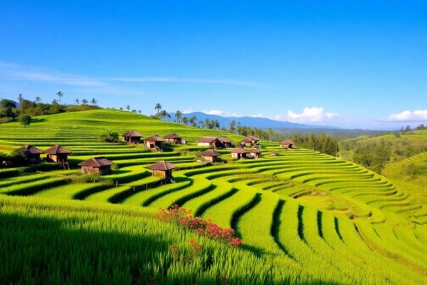 Pemandangan sawah hijau Bali dengan rumah tradisional.