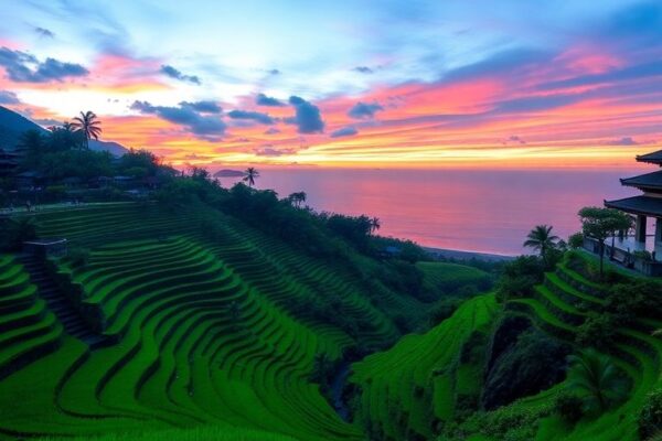 Pemandangan indah Bali dengan sawah dan pantai yang memukau.